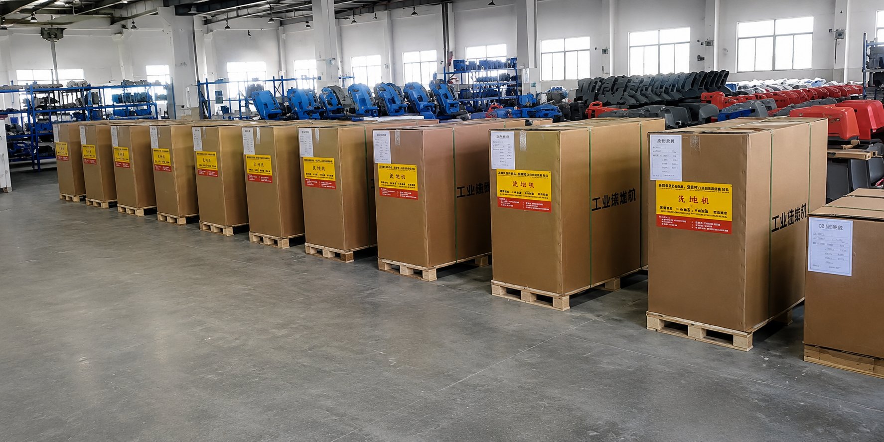 Export-packed floor scrubbers in the factory