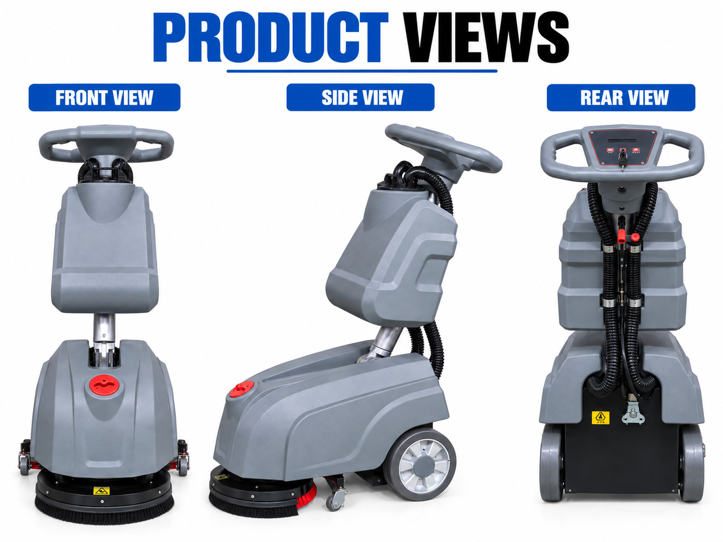 Front, side and rear views of the unbranded Compact Handle Floor Scrubber
