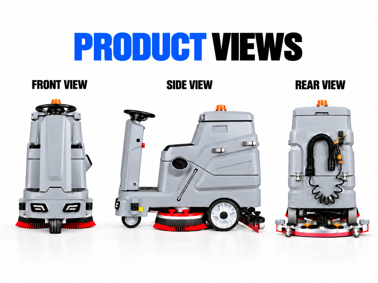 Front, side and rear views of the unbranded 85L Ride-On Floor Scrubber
