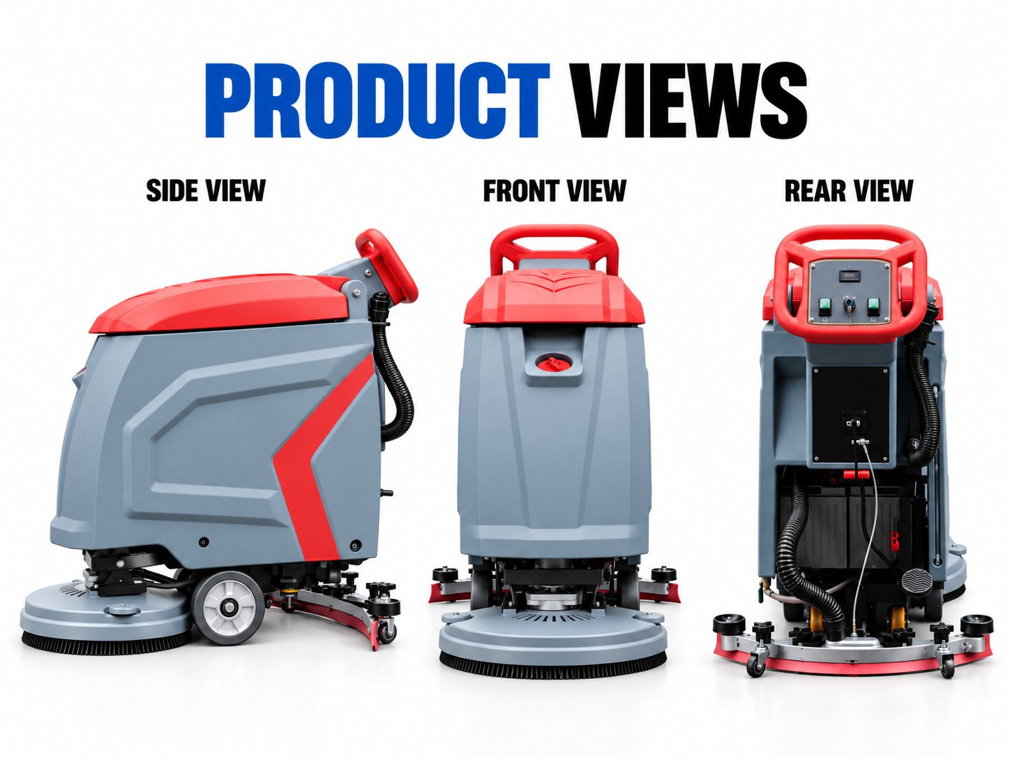 Front, side and rear views of the unbranded 55 L Walk-Behind Floor Scrubber